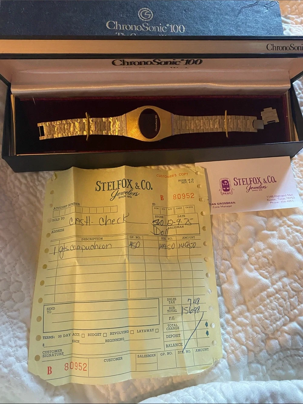 Gold Men's Chronosonic Digital Bracelet Watch never used original boxes/reciept